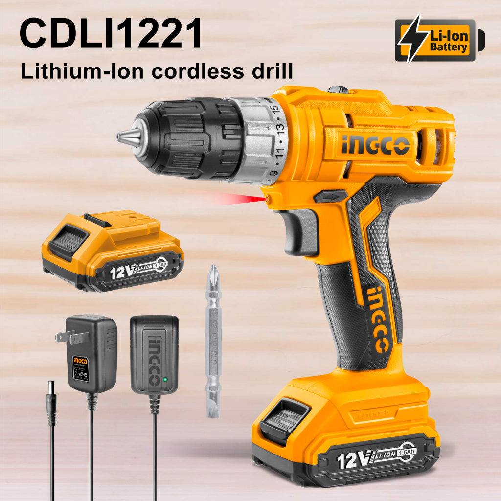 INGCO 12V 25NM Cordless Lithium-ion Drill with 1pcs Li-ion Battery, 1pc 2Hr charger, 1pcs Cr-V 65mm Bits CDLI1221