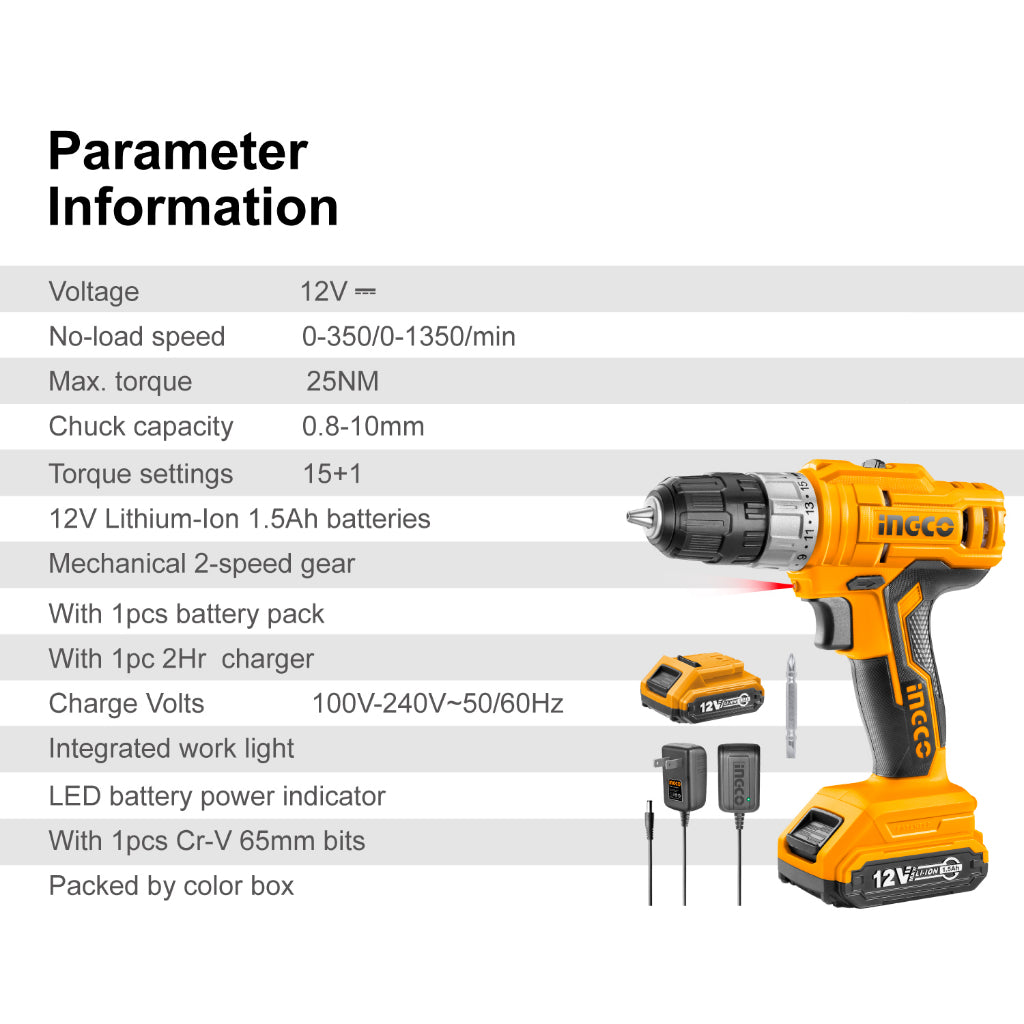 INGCO 12V 25NM Cordless Lithium-ion Drill with 1pcs Li-ion Battery, 1pc 2Hr charger, 1pcs Cr-V 65mm Bits CDLI1221