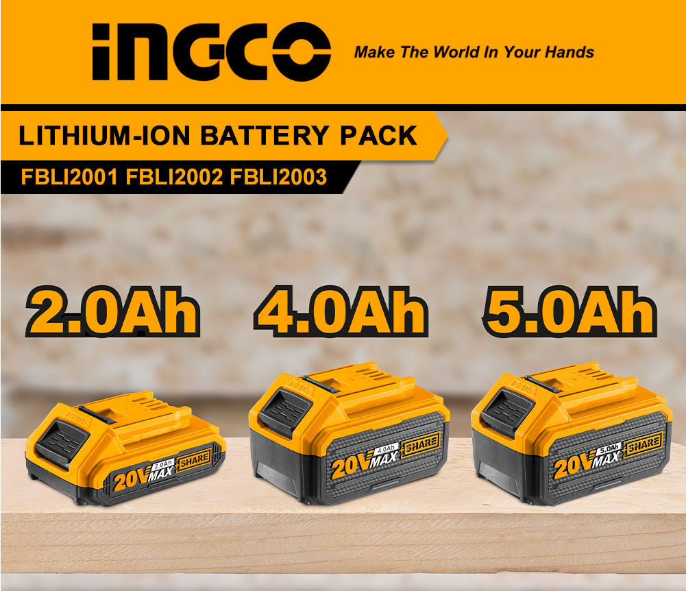 INGCO Tools 20V 5.0Ah Lithium-Ion Battery Pack FBLI2003/ FBLI2002/FBLI2001 for P20S Power Tools