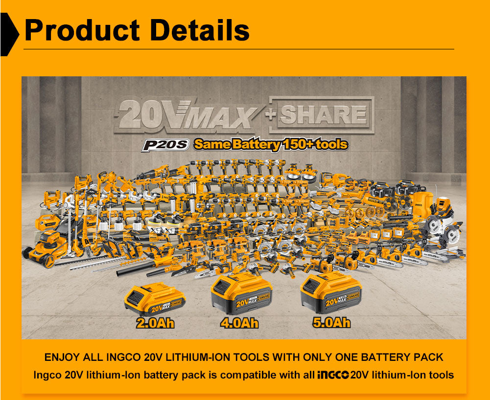 INGCO Tools 20V 5.0Ah Lithium-Ion Battery Pack FBLI2003/ FBLI2002/FBLI2001 for P20S Power Tools