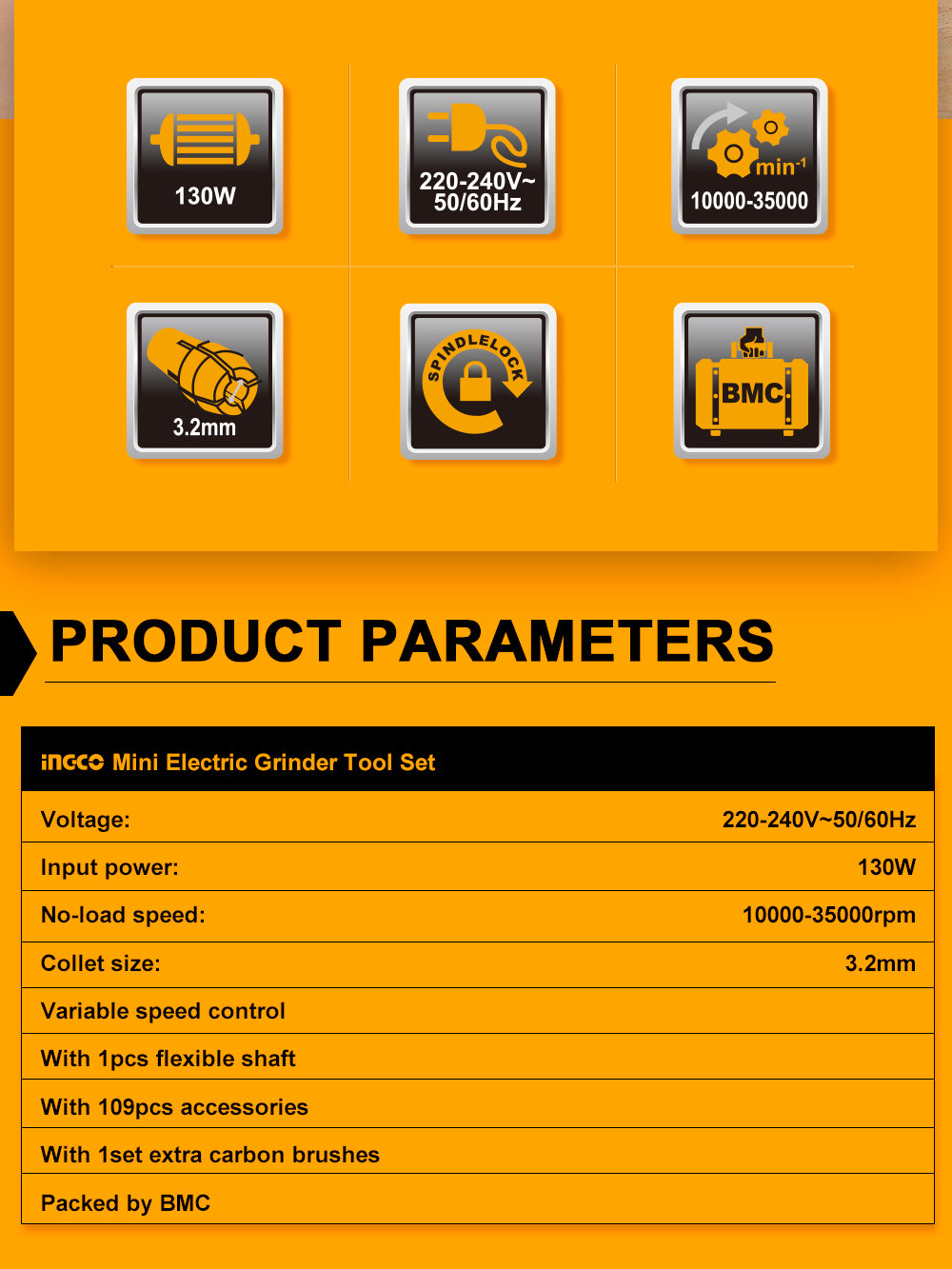 INGCO 130W Mini Grinder with 1pcs Flexible Shaft, 109pcs Accessories, 1set Extra Carbon Brushes MG13328