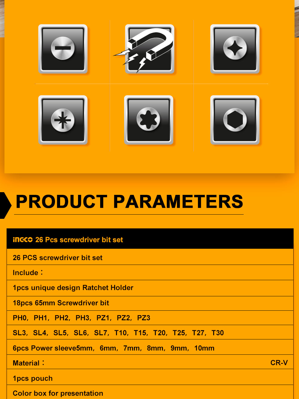 INGCO 26 Pcs Screwdriver Bit Set HKSDB0268