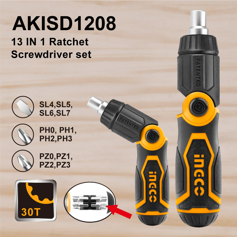 INGCO 13 in 1 Ratchet Screwdriver Set Multifunctional Folding Handle AKISD1208