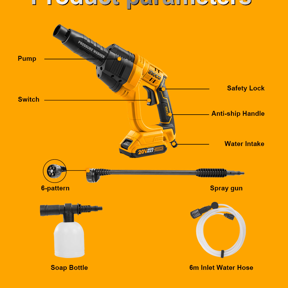 INGCO P20S Cordless Lithium-Ion Pressure Washer with 6-pattern spray gun, battery and charger included CPWLI20082