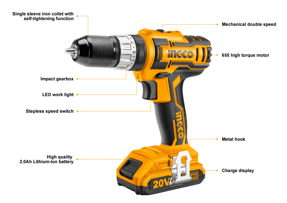 INGCO P20S 20V 2.0Ah Lithium-Ion Impact Drill with 2pcs Battery Pack, 1pc 1Hr Charger CIDLI2002