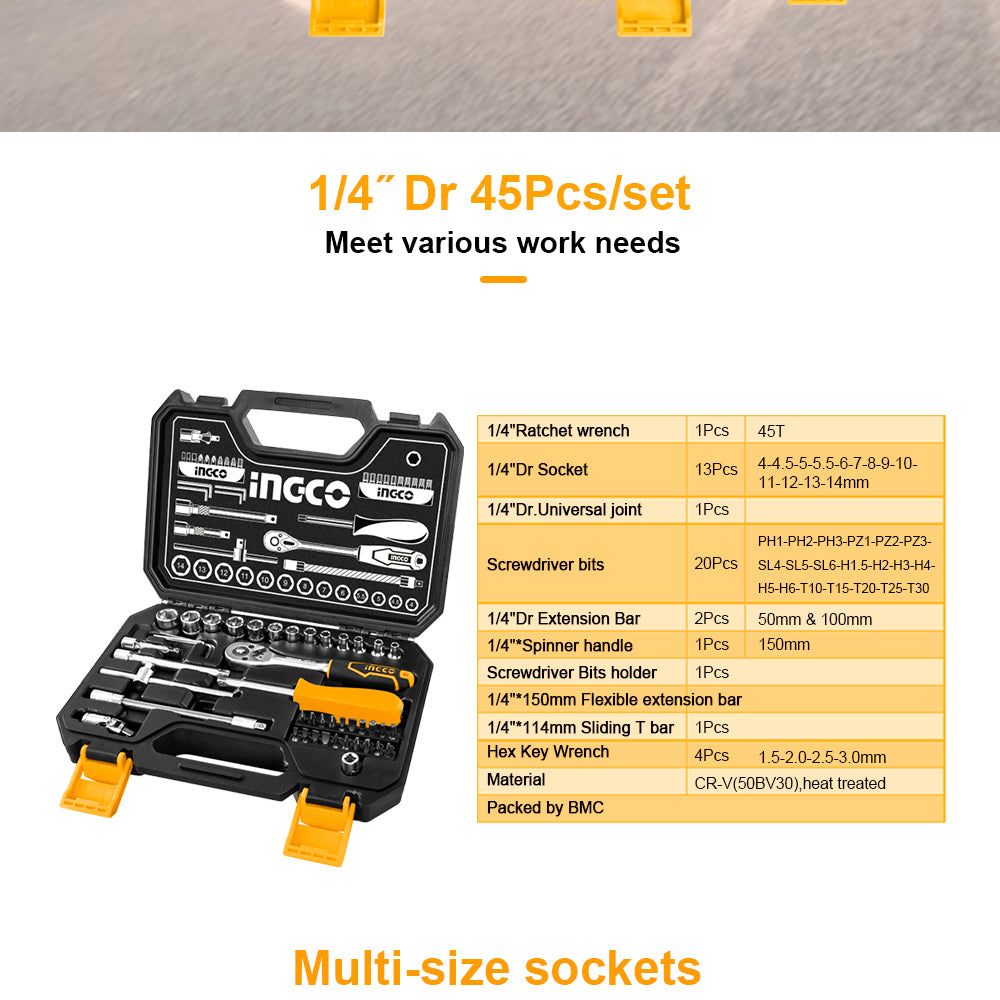 INGCO 45 pcs 1/4" Socket Set & Screwdriver Bit Torx Ratchet Driver Case Tool Kit, Work fine with Impact Driver HKTS14451