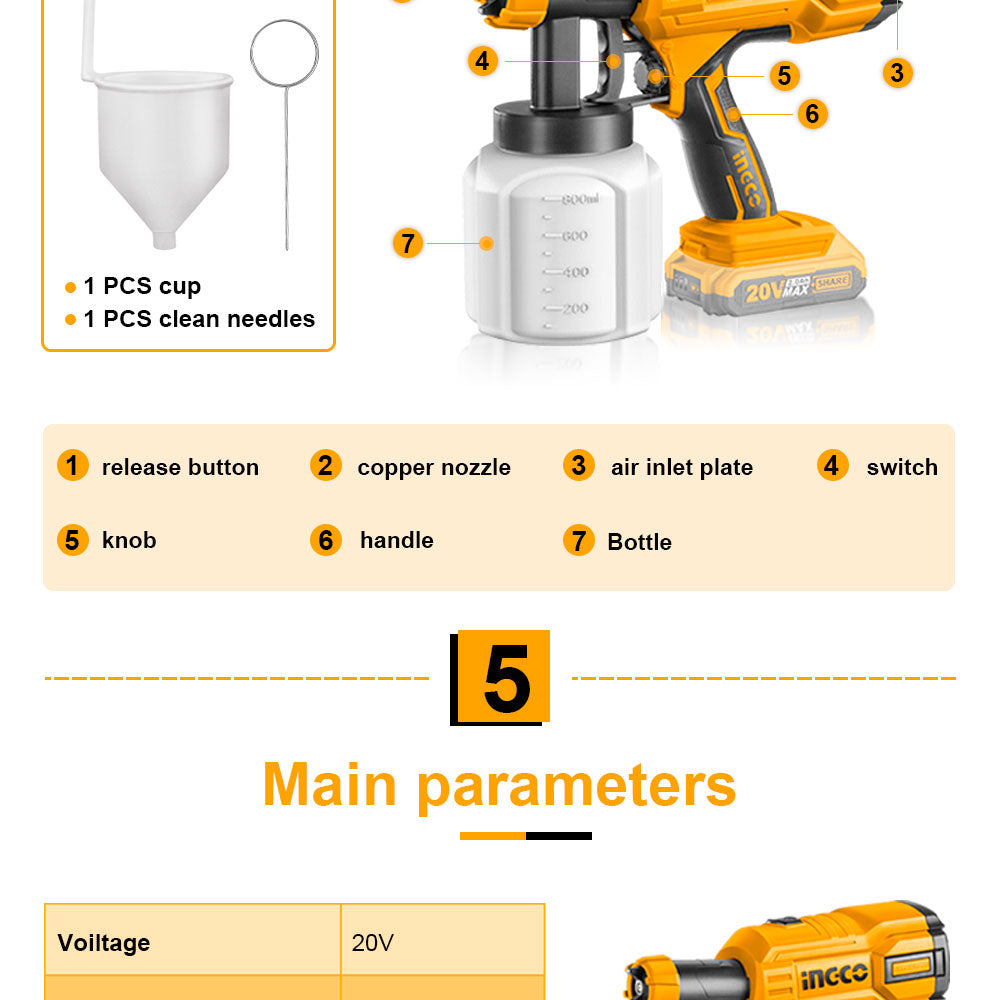 INGCO 20V Lithium-Ion Spray Gun with 1 Pcs Viscosity Measuring Cup and 1Pcs Nozzle Cleaning Needle (Bare Unit) CSGLI2001