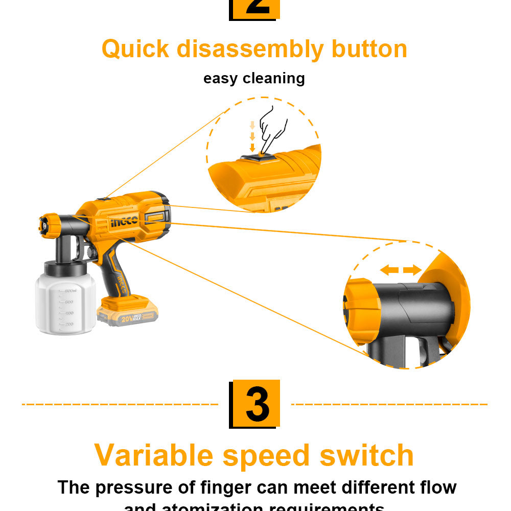 INGCO 20V Lithium-Ion Spray Gun with 1 Pcs Viscosity Measuring Cup and 1Pcs Nozzle Cleaning Needle (Bare Unit) CSGLI2001