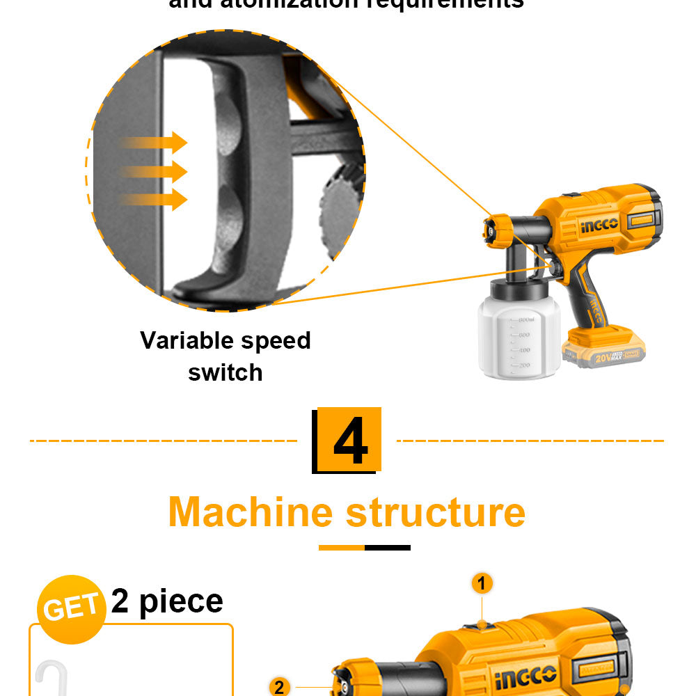 INGCO 20V Lithium-Ion Spray Gun with 1 Pcs Viscosity Measuring Cup and 1Pcs Nozzle Cleaning Needle (Bare Unit) CSGLI2001