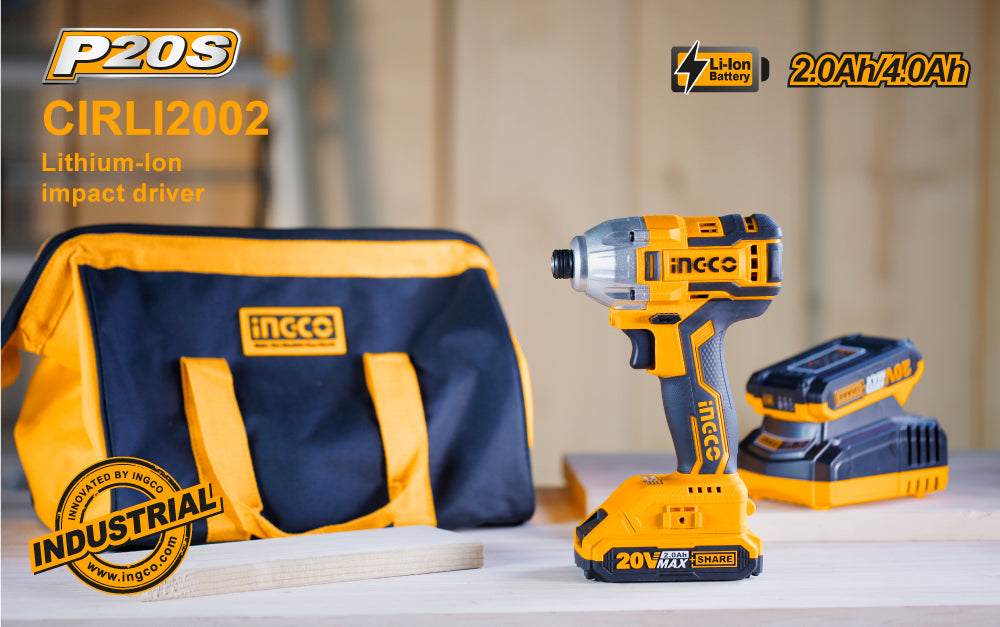 INGCO 20V Brushless Lithium-Ion Impact Driver with 2Pcs 2.0Ah Battery Pack 1Pcs Charger 1/4 Inch 170NM CIRLI2002