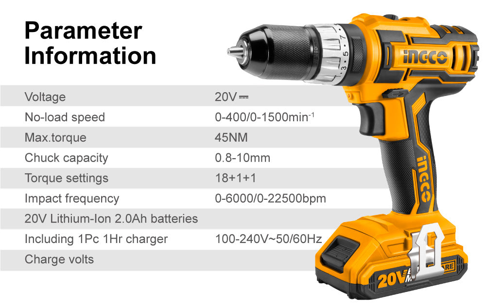 INGCO P20S 20V 2.0Ah Lithium-Ion Impact Drill with 2pcs Battery Pack, 1pc 1Hr Charger CIDLI2002