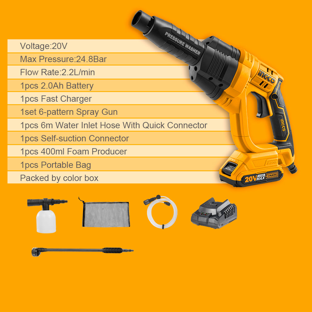 INGCO P20S Cordless Lithium-Ion Pressure Washer with 6-pattern spray gun, battery and charger included CPWLI20082