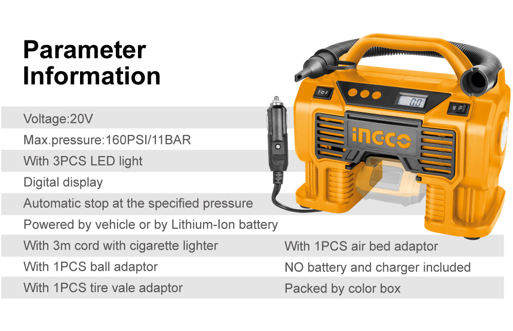 INGCO P20 20V Lithium-Ion Auto Air Compressor CACLI2002 (Bare Unit)