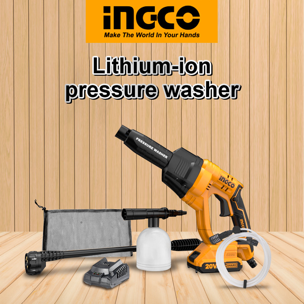 INGCO P20S Cordless Lithium-Ion Pressure Washer with 6-pattern spray gun, battery and charger included CPWLI20082