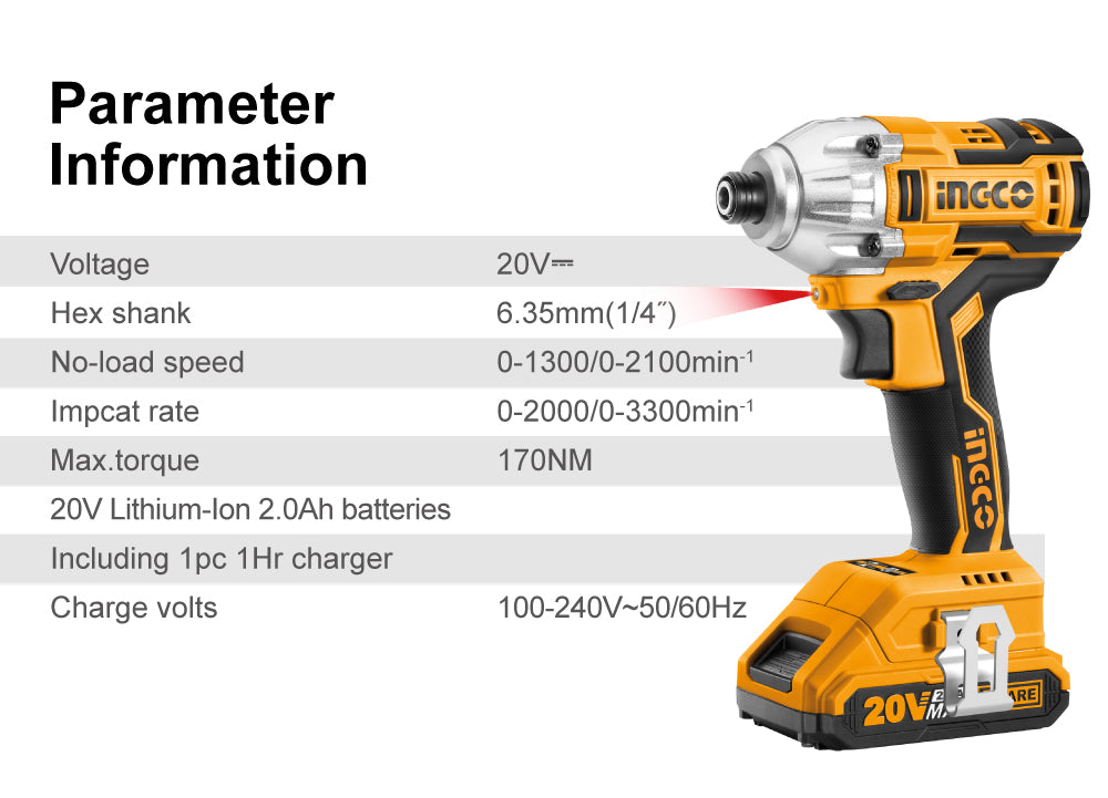 INGCO 20V Brushless Lithium-Ion Impact Driver with 2Pcs 2.0Ah Battery Pack 1Pcs Charger 1/4 Inch 170NM CIRLI2002