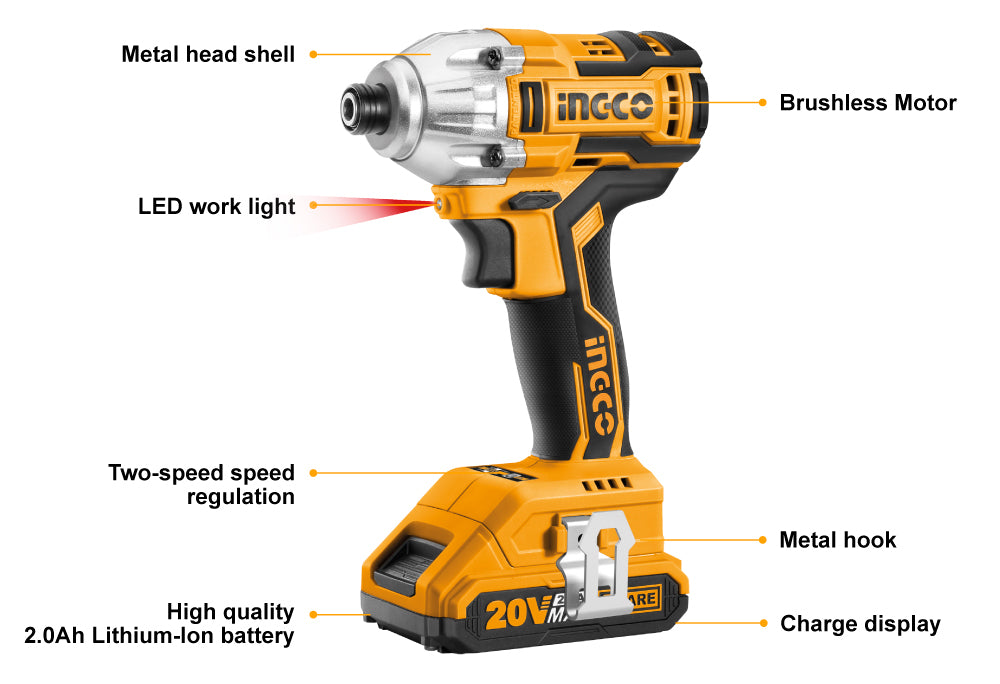 INGCO 20V Brushless Lithium-Ion Impact Driver with 2Pcs 2.0Ah Battery Pack 1Pcs Charger 1/4 Inch 170NM CIRLI2002