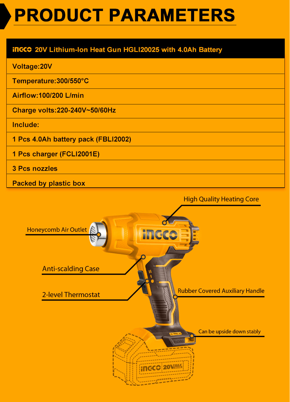 INGCO 20V Lithium-Ion Heat Gun HGLI20025 with 4.0Ah Battery and Charger (Old Version & New Version were send randomly)