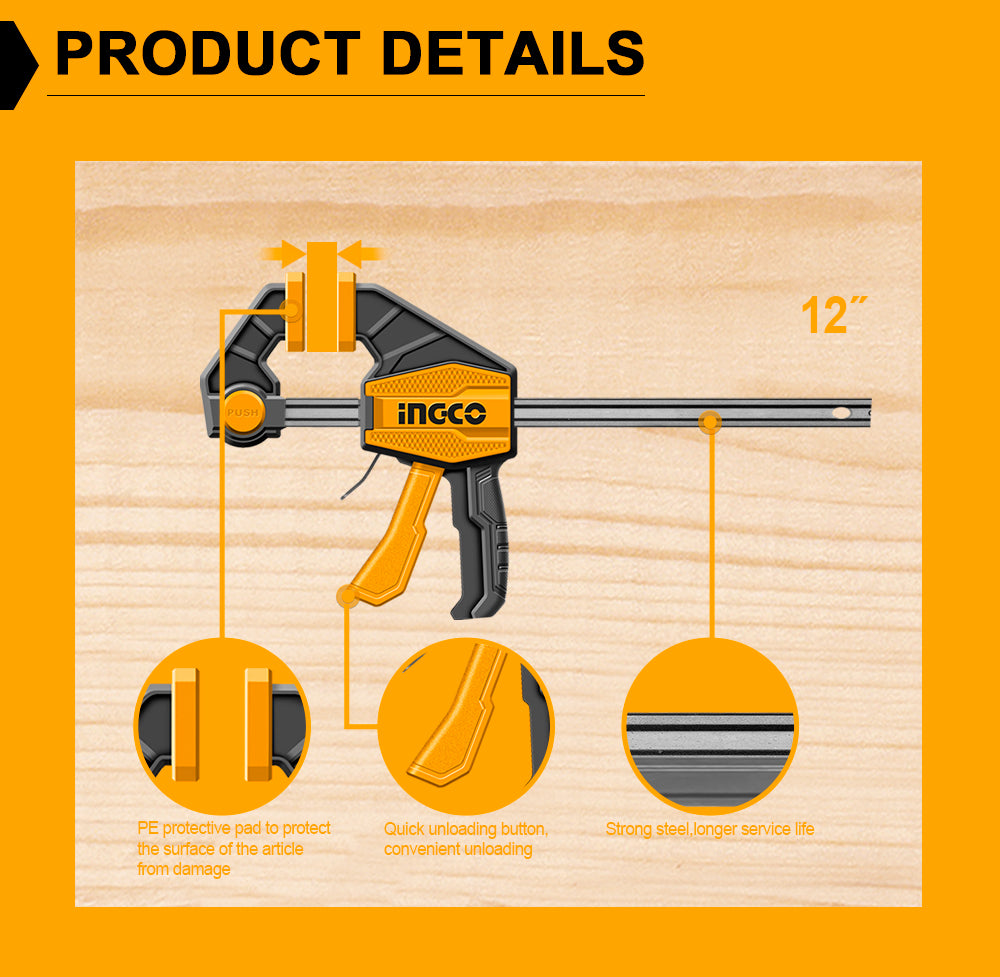 INGCO 6'' 12'' 18 '' Quick Bar Clamps HQBC01601, HQBC01602, HQBC01603