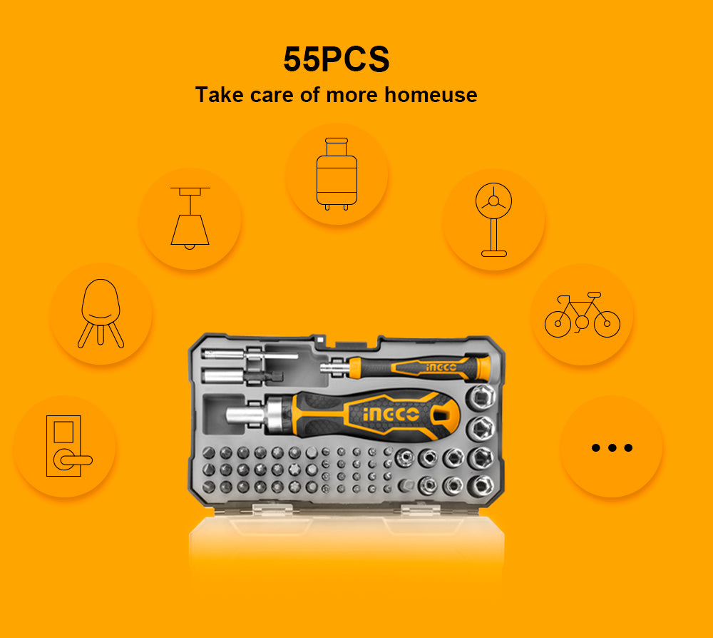 INGCO 55PCS Screwdriver Bits Set with Screwdriver Bits Bits Adaptor Socket Bits Holders Style Handle HKSDB0558