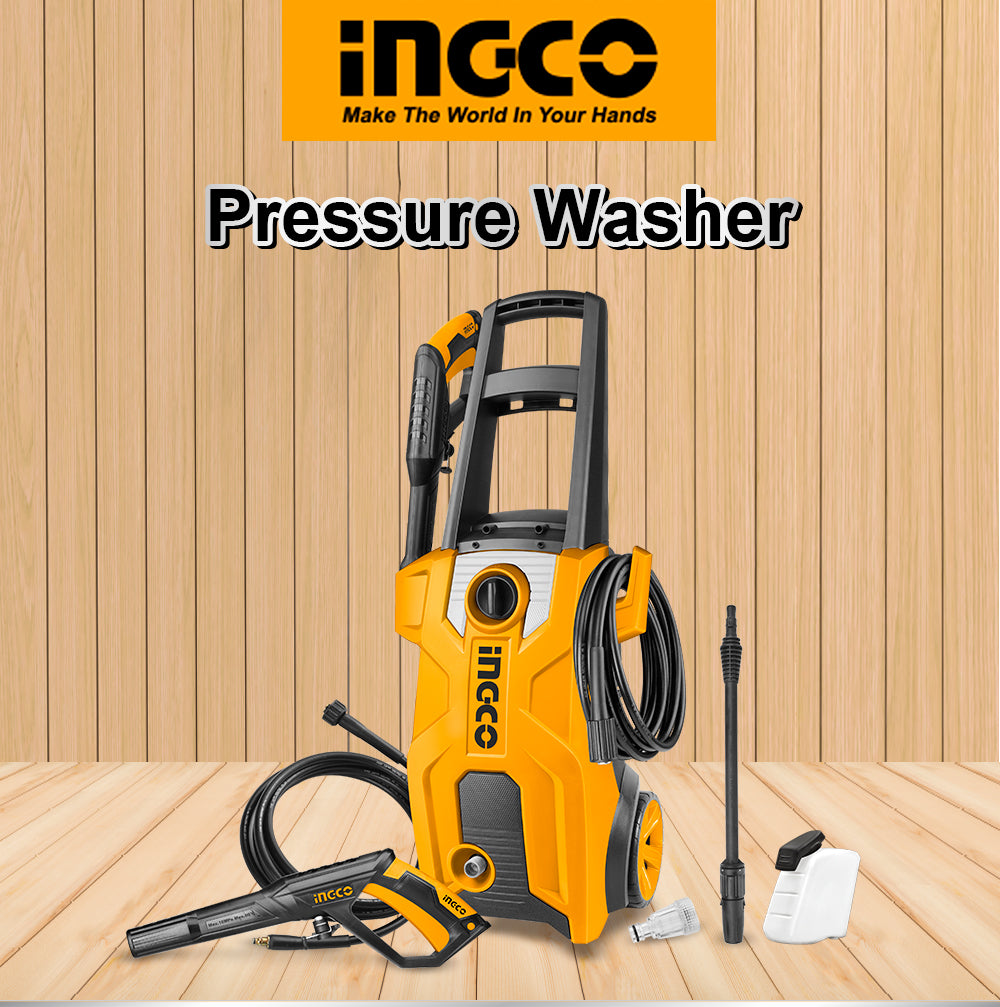 INGCO 1800W High Pressure Washer Pure Copper Wire 5m High Pressure Hose 150Bar Soap Bottle HPWR18008