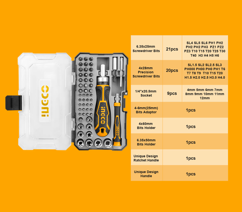 INGCO 55PCS Screwdriver Bits Set with Screwdriver Bits Bits Adaptor Socket Bits Holders Style Handle HKSDB0558