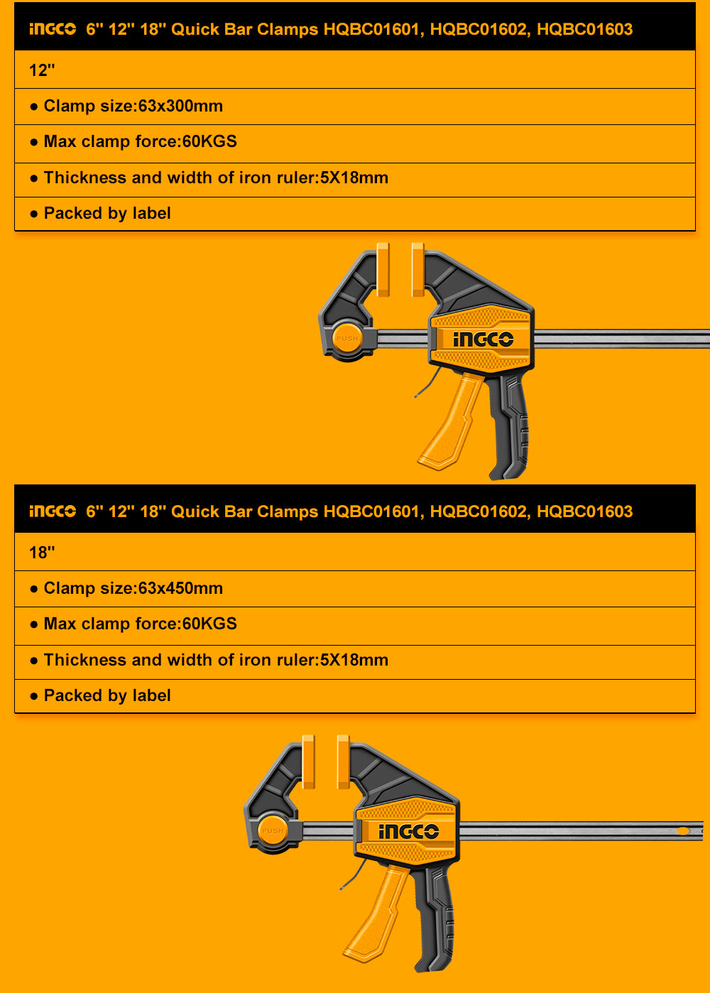 INGCO 6'' 12'' 18 '' Quick Bar Clamps HQBC01601, HQBC01602, HQBC01603