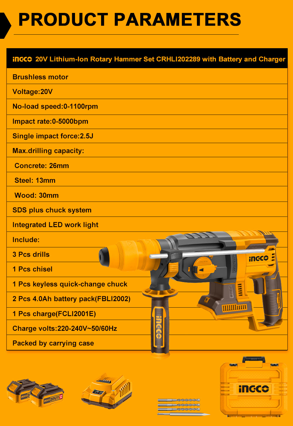 INGCO 20V Lithium-Ion Rotary Hammer Set CRHLI202289 with Battery and Charger