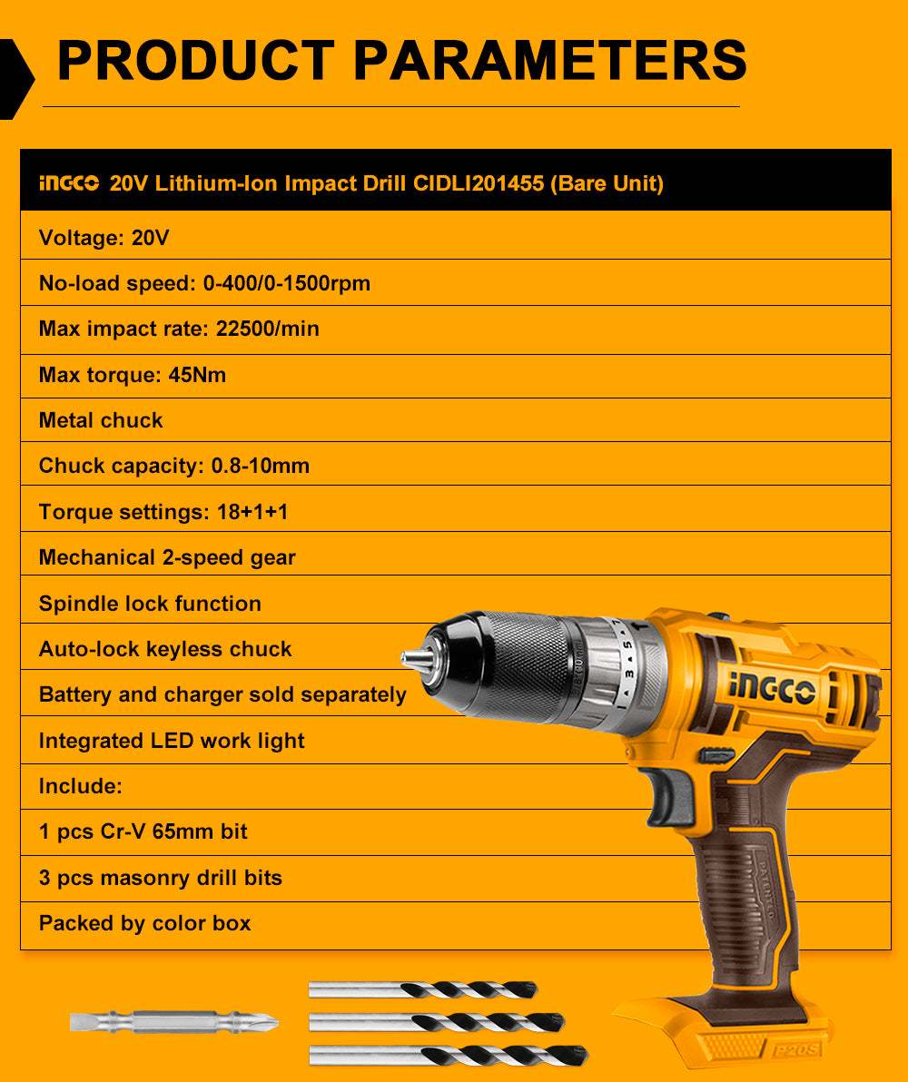 INGCO 20V Lithium-Ion Impact Drill (Bare Unit) CIDLI201455